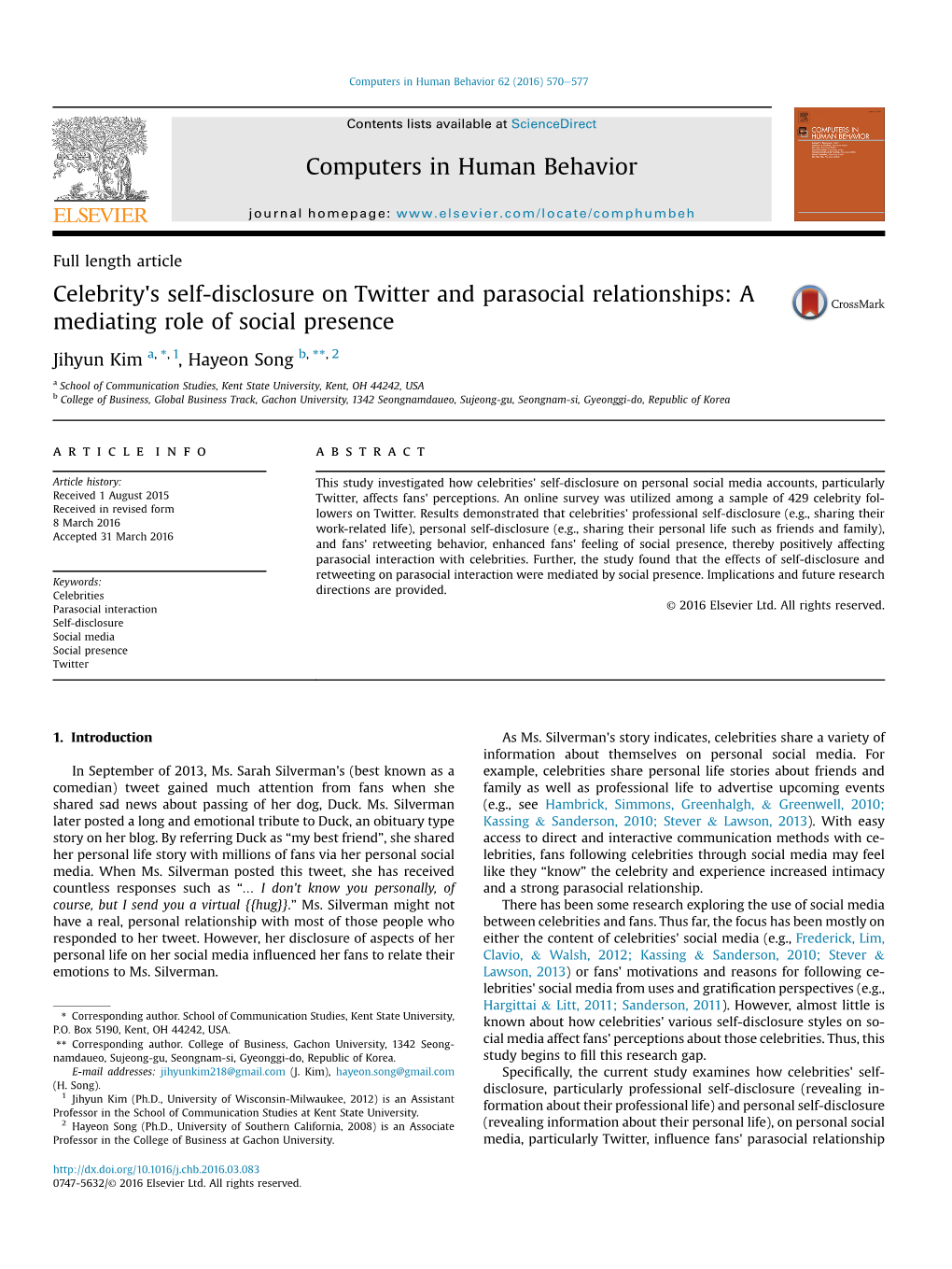 Celebrity's Self-Disclosure on Twitter and Parasocial Relationships: a Mediating Role of Social Presence