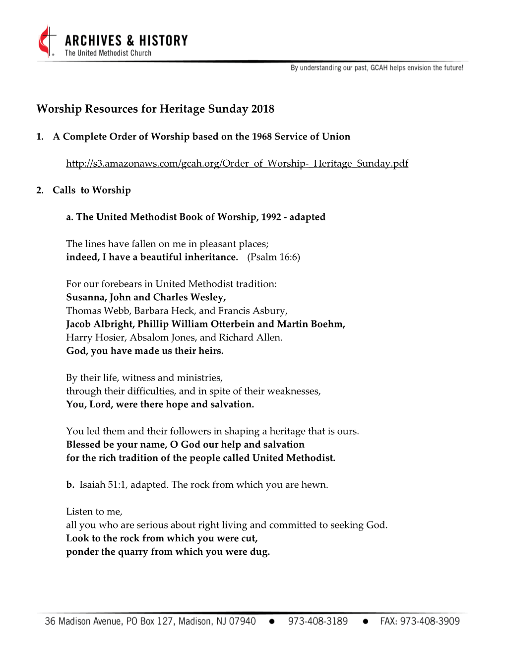 Worship Resources for Heritage Sunday 2018