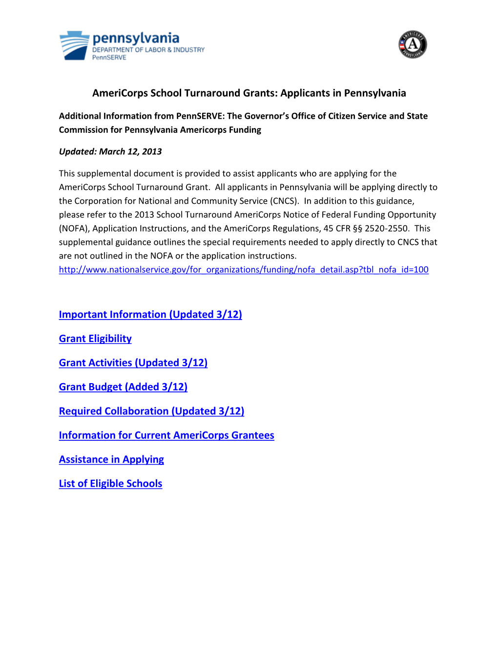 Americorps School Turnaround Grants: Applicants in Pennsylvania
