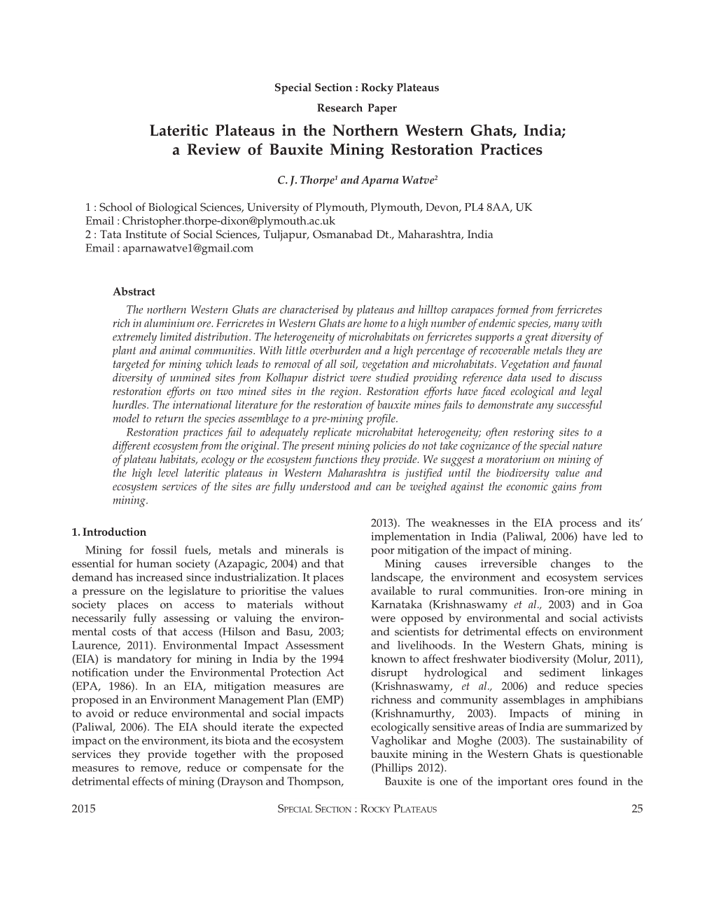 Lateritic Plateaus in the Northern Western Ghats, India; a Review of Bauxite Mining Restoration Practices