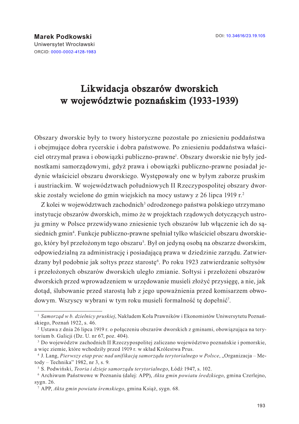 Likwidacja Obszarów Dworskich W Województwie Poznańskim (1933-1939)