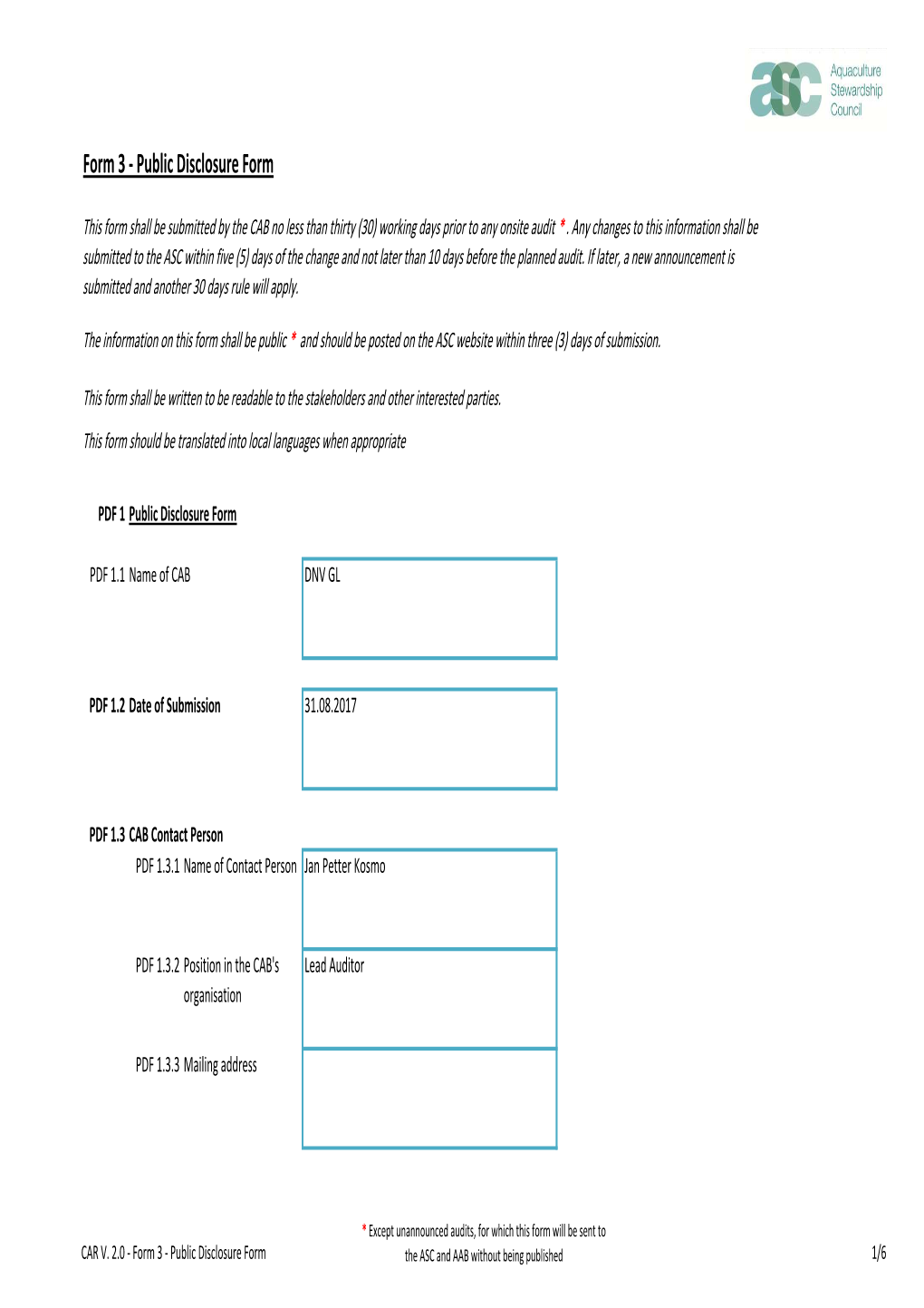 Form 3 - Public Disclosure Form