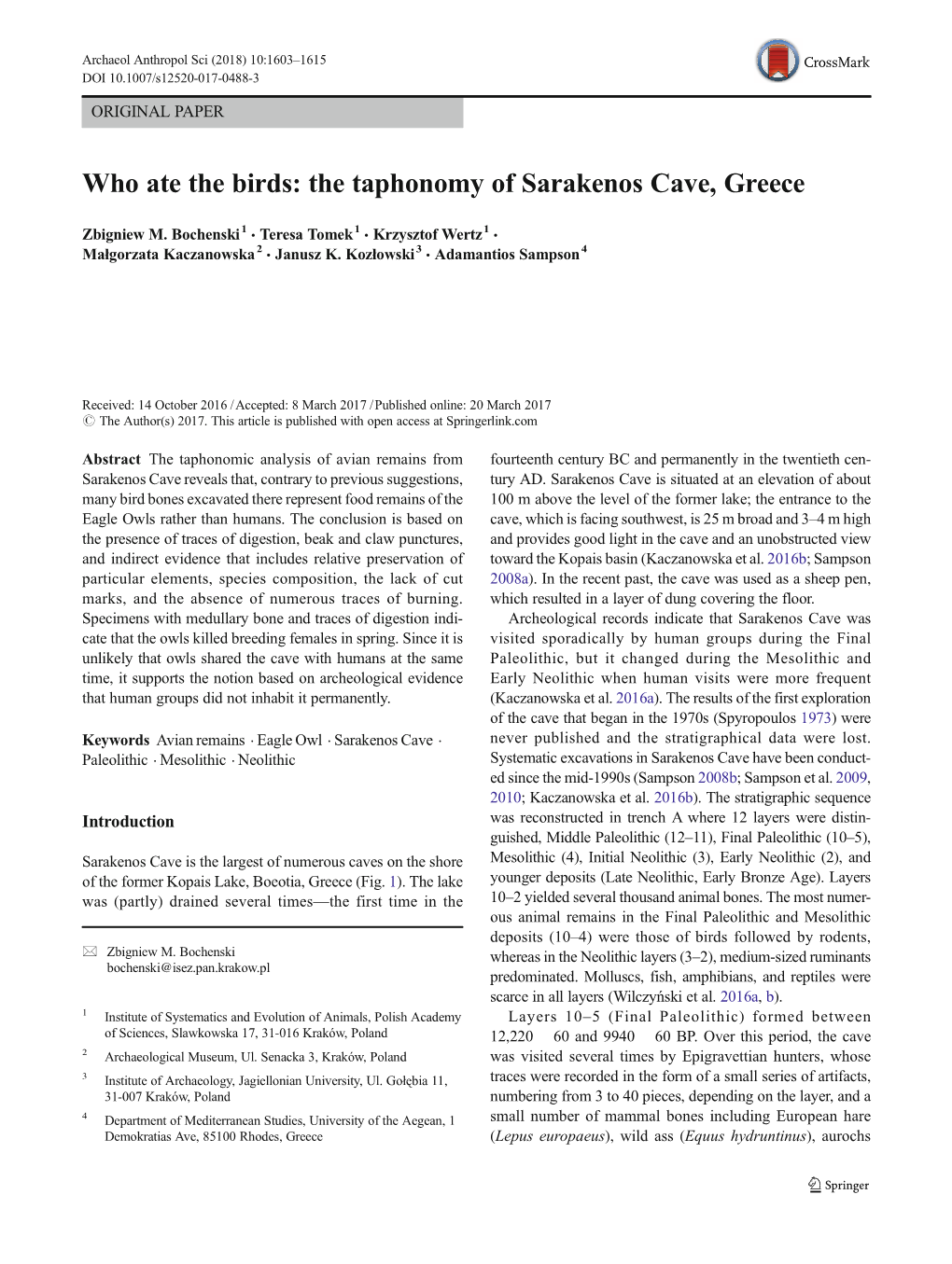 The Taphonomy of Sarakenos Cave, Greece