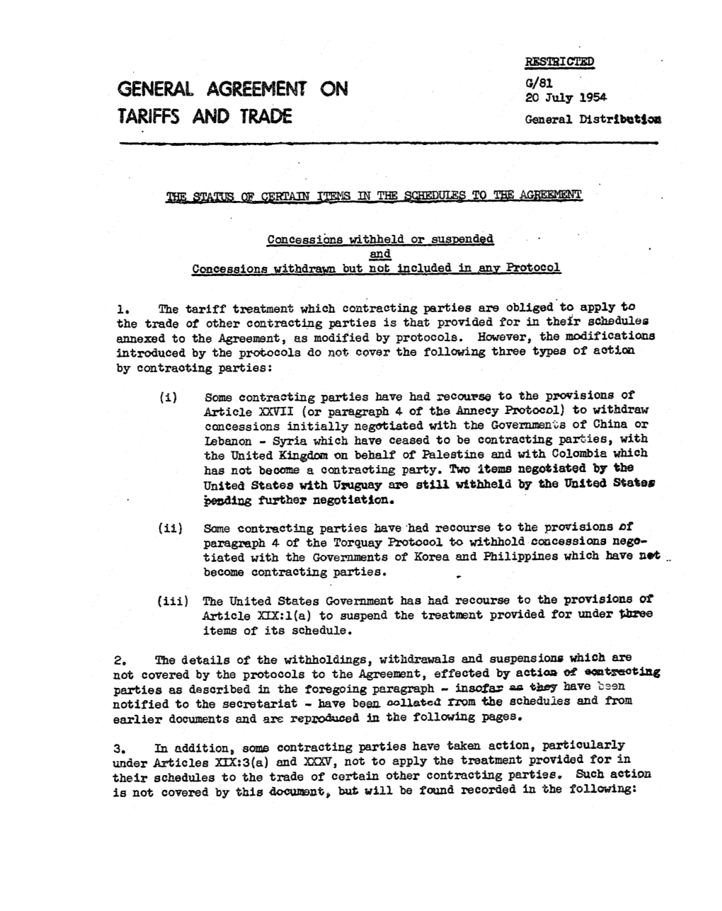 20 July1954 TARIFFS and TRADE General Distribution