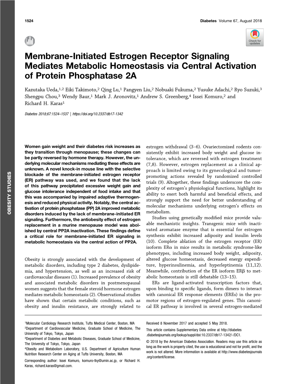 Membrane-Initiated Estrogen Receptor Signaling Mediates Metabolic Homeostasis Via Central Activation of Protein Phosphatase 2A