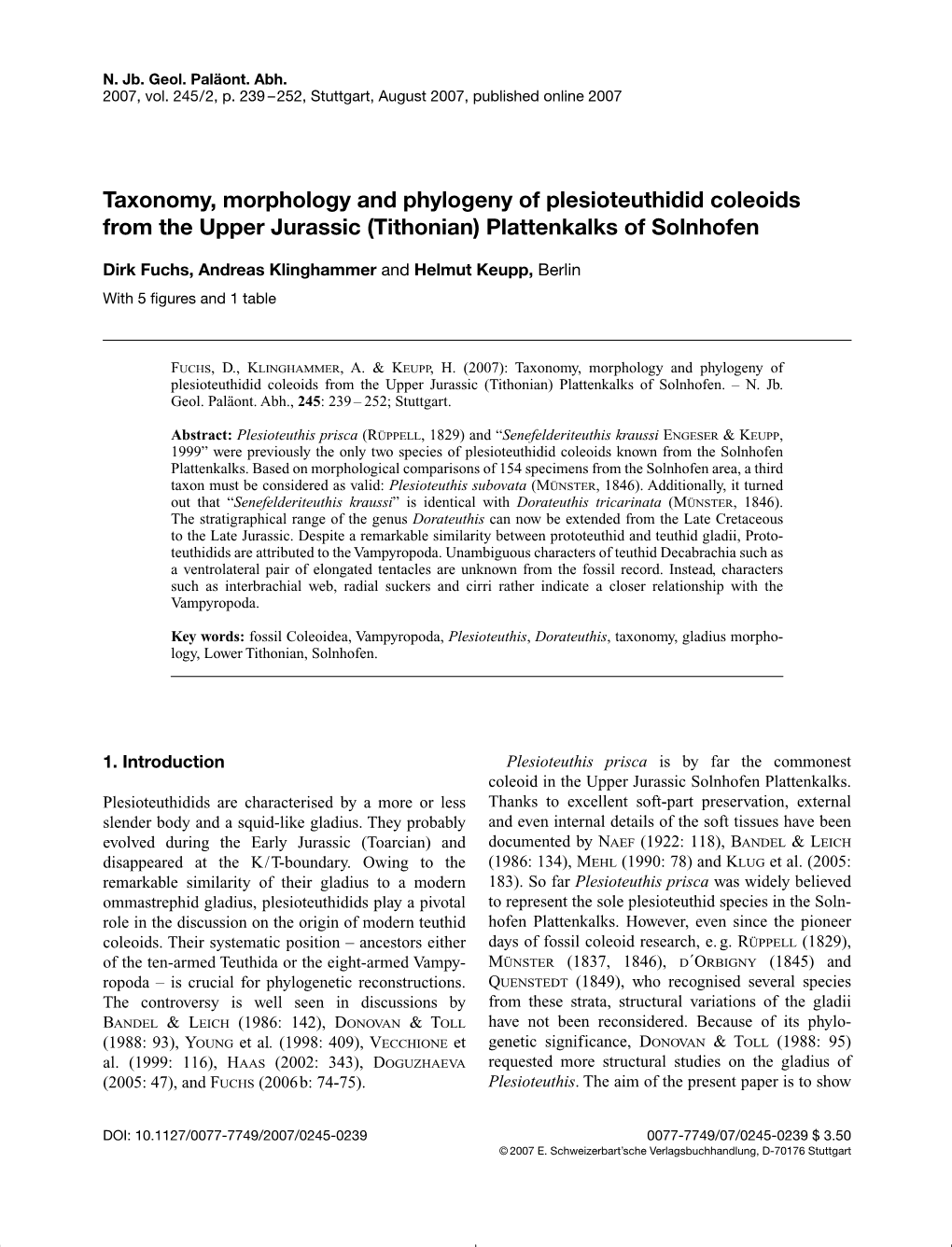 Taxonomy, Morphology and Phylogeny of Plesioteuthidid Coleoids from the Upper Jurassic (Tithonian) Plattenkalks of Solnhofen