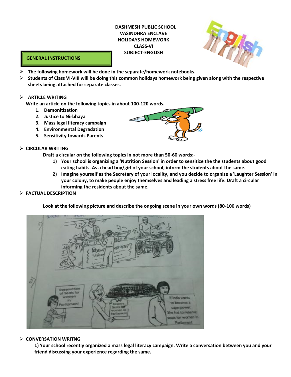 Dashmesh Public School Vasindhra Enclave Holidays Homework Class-Vi Subject-English General Instructions