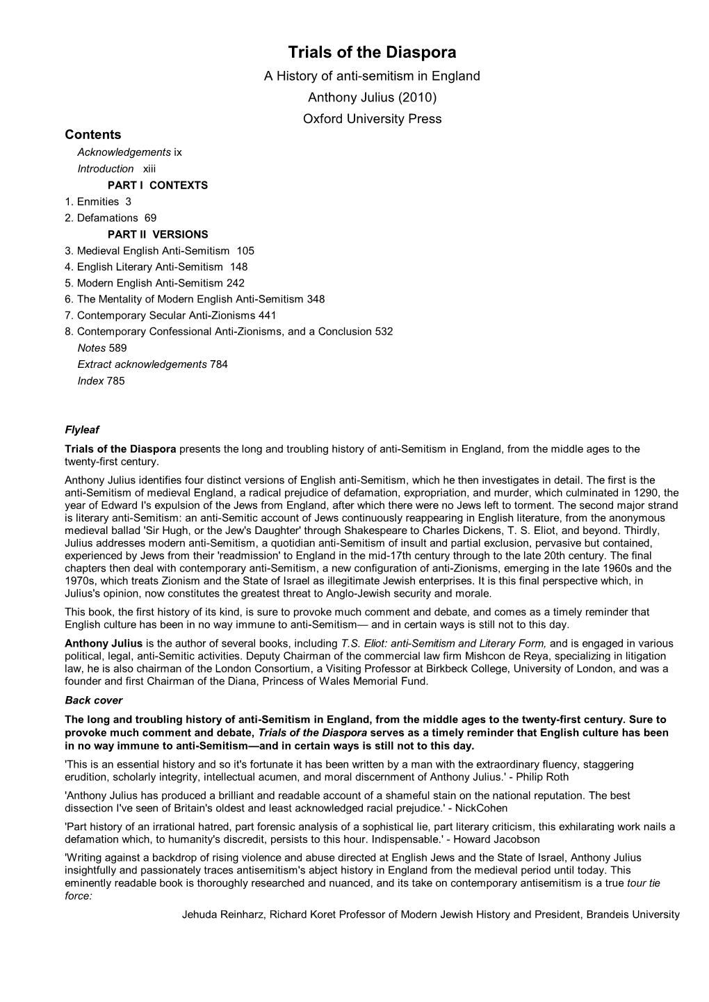 A History of Anti-Semitism in England Anthony Julius (2010) Oxford University Press Contents Acknowledgements Ix Introduction Xiii PART I CONTEXTS 1