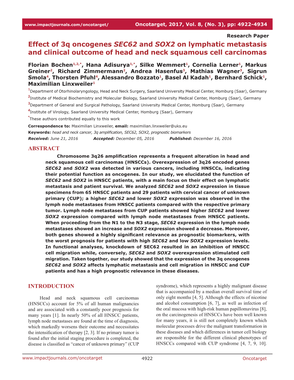 Effect of 3Q Oncogenes SEC62 and SOX2 on Lymphatic Metastasis and Clinical Outcome of Head and Neck Squamous Cell Carcinomas