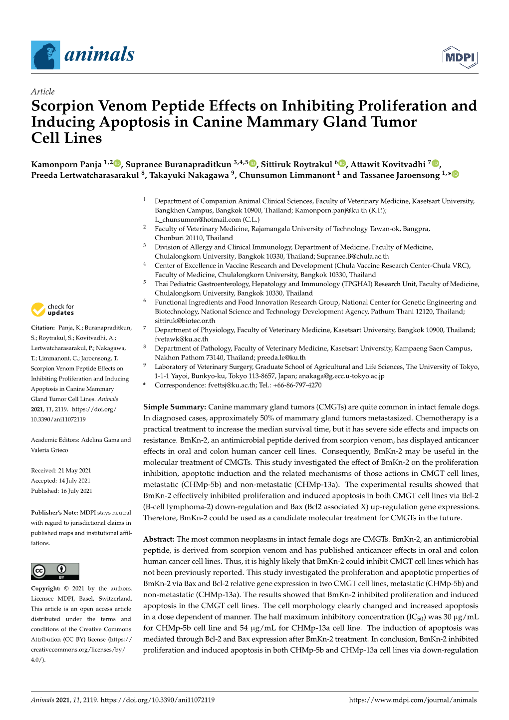 Scorpion Venom Peptide Effects on Inhibiting Proliferation and Inducing Apoptosis in Canine Mammary Gland Tumor Cell Lines