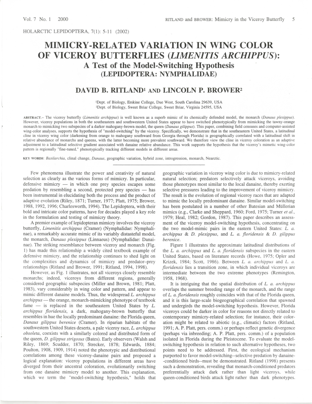 MIMICRY-RELATED VARIATION in WING COLOR of VICEROY BUTTERFLIES (LIMENITIS ARCHIPPUS): a Test of the Model-Switching Hypothesis (LEPIDOPTERA: NYMPHALIDAE)