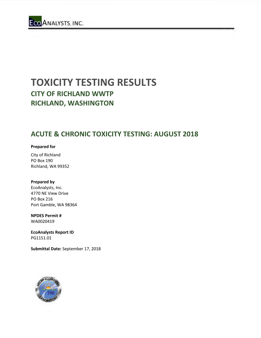 Toxicity Testing Results City of Richland Wwtp Richland, Washington