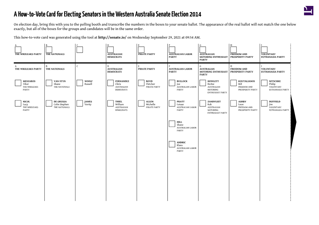 A How-To-Vote Card for Electing Senators in the Western Australia Senate Election 2014