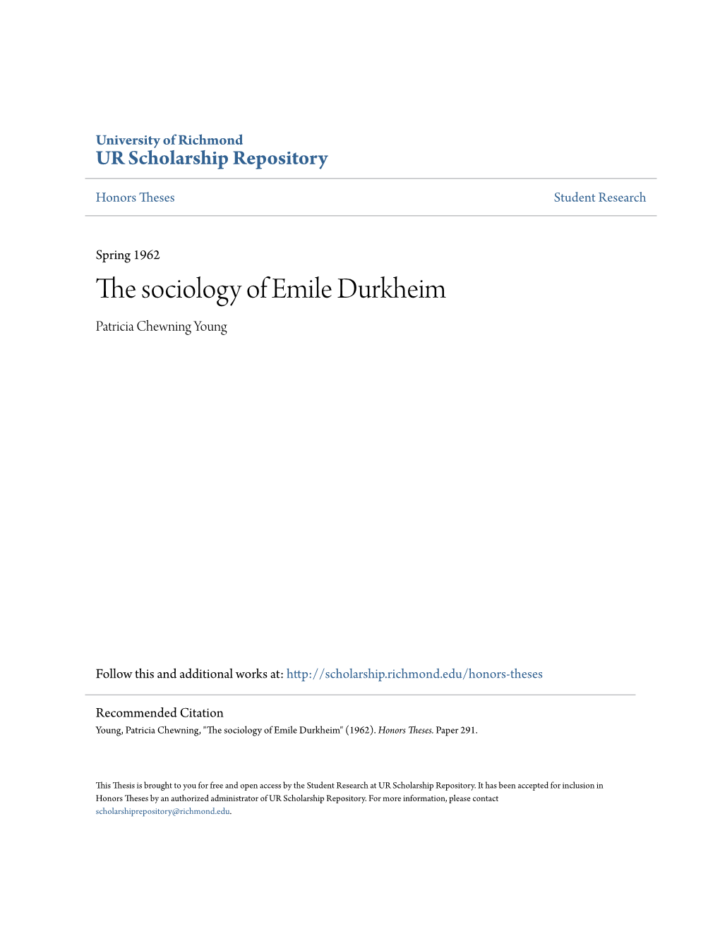 The Sociology of Emile Durkheim Patricia Chewning Young