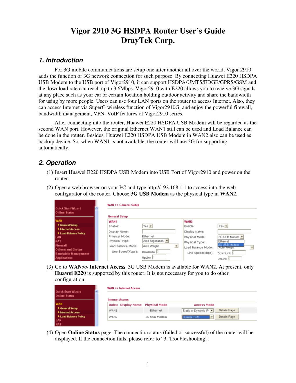 Vigor 2910 3G HSDPA Router User's Guide Draytek Corp