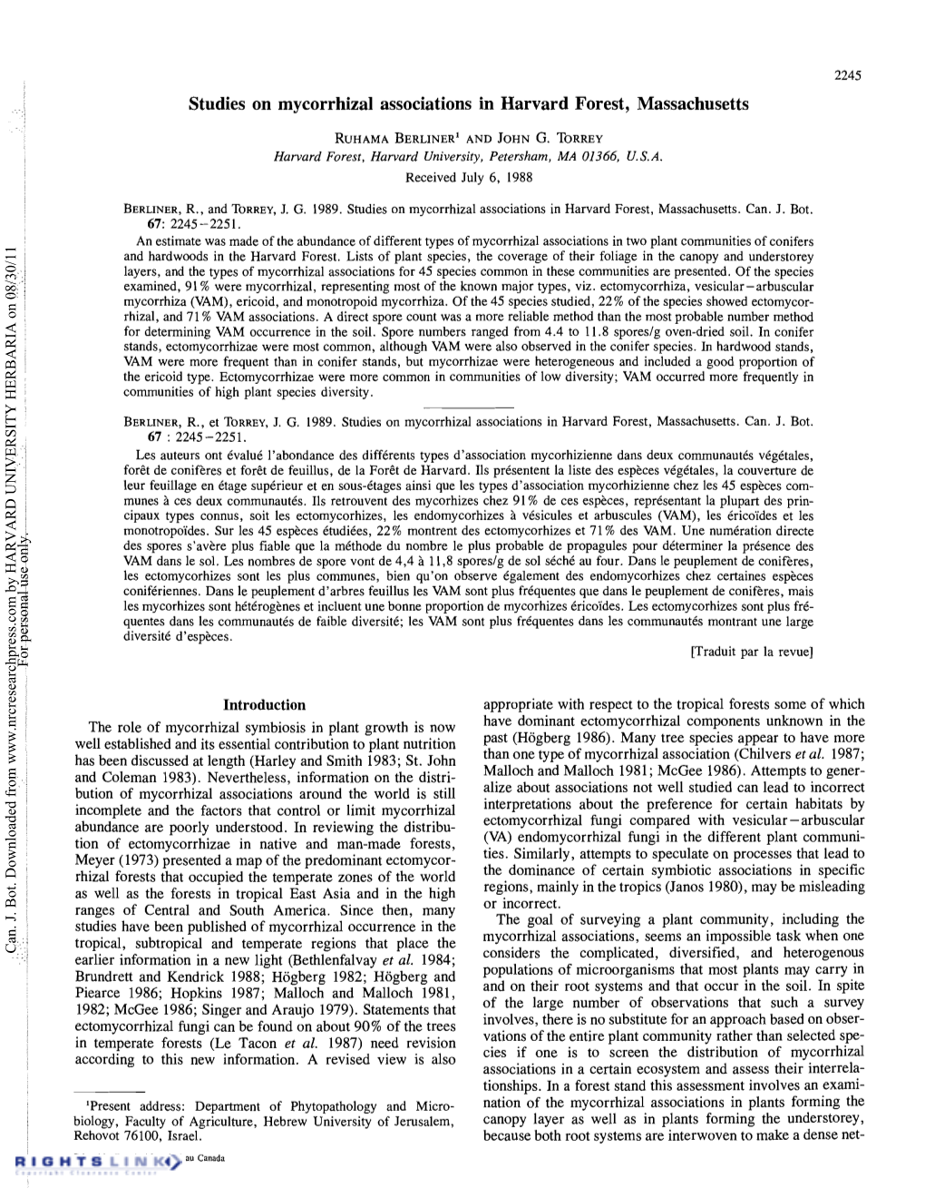 Studies on Mycorrhizal Associations in Harvard Forest, Massachusetts