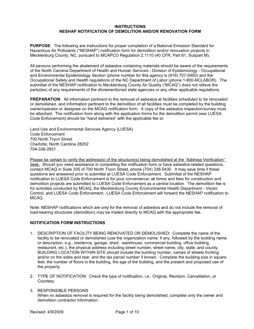 Neshap Notification of Demolition And/Or Renovation Form