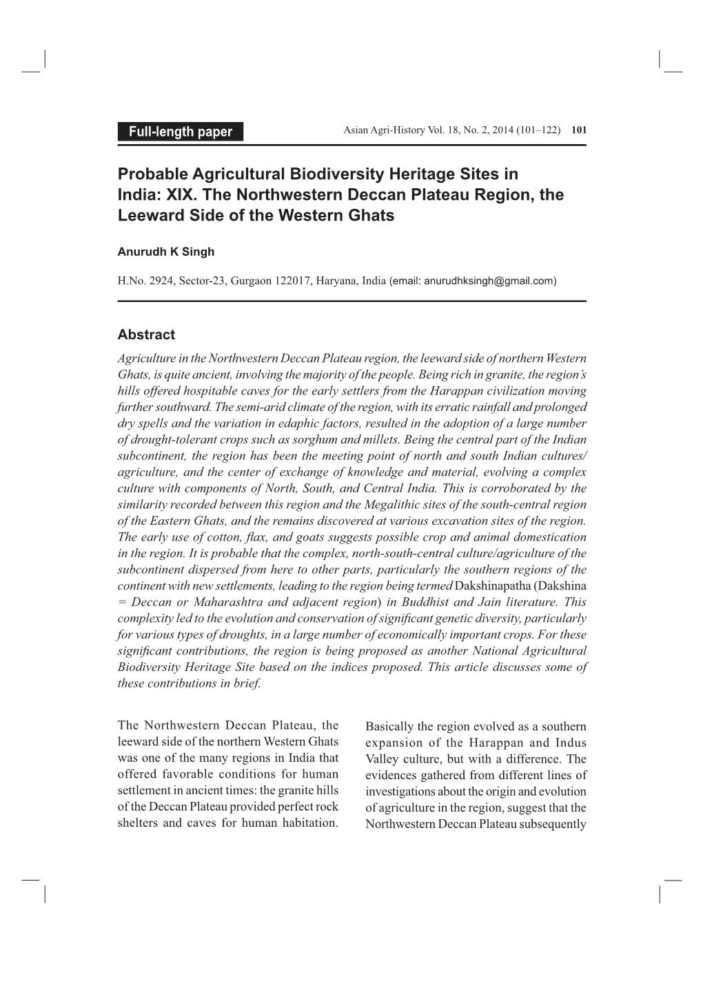 Probable Agricultural Biodiversity Heritage Sites in India: XIX. the Northwestern Deccan Plateau Region, the Leeward Side of the Western Ghats