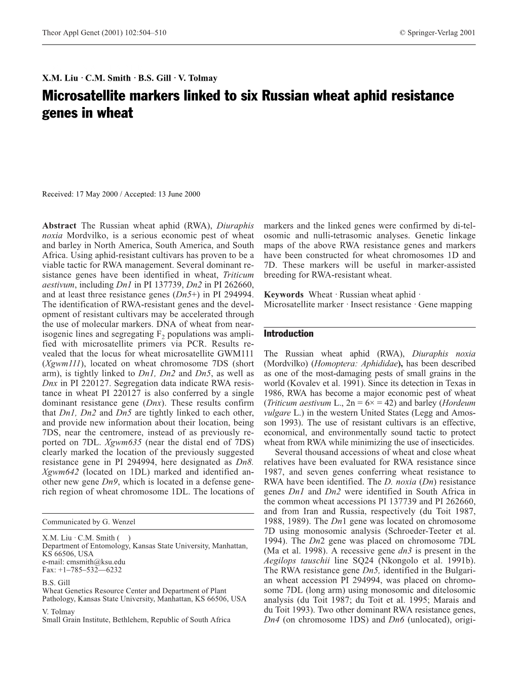 Microsatellite Markers Linked to Six Russian Wheat Aphid Resistance Genes in Wheat