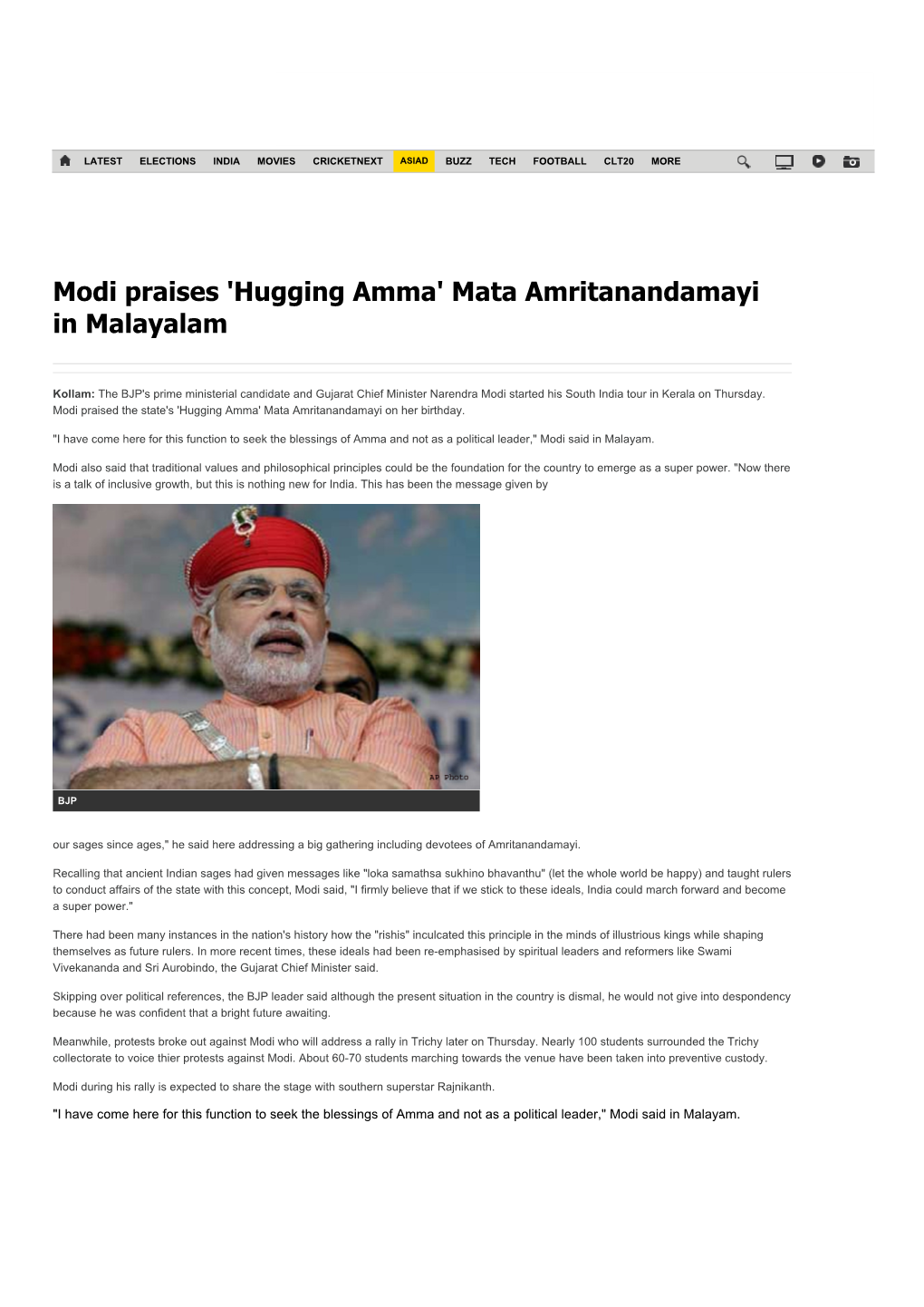 Modi Praises 'Hugging Amma' Mata Amritanandamayi in Malayalam - Ibnlive
