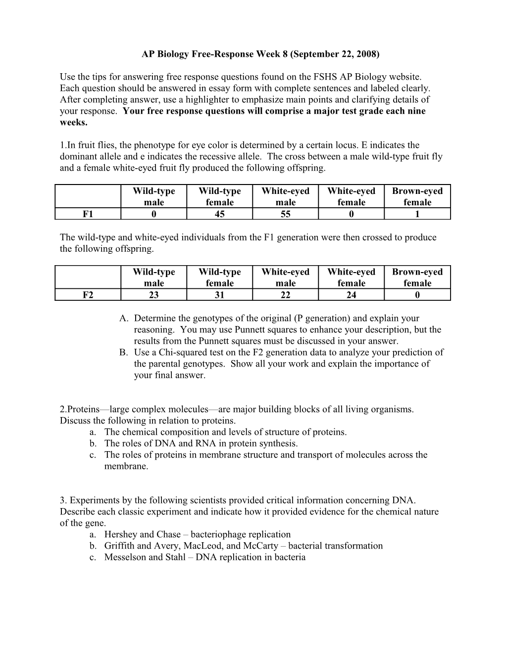 AP Biology Free-Response Week 8 (September 22, 2008)