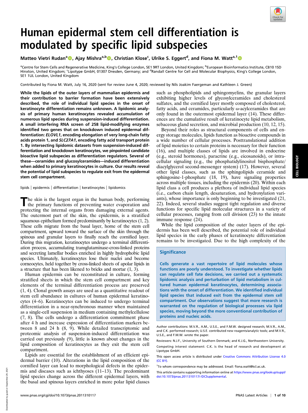 Human Epidermal Stem Cell Differentiation Is Modulated by Specific Lipid Subspecies