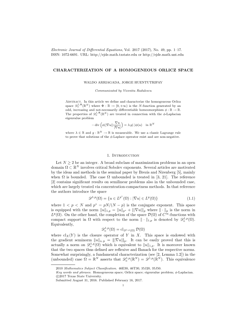 Characterization of a Homogeneous Orlicz Space