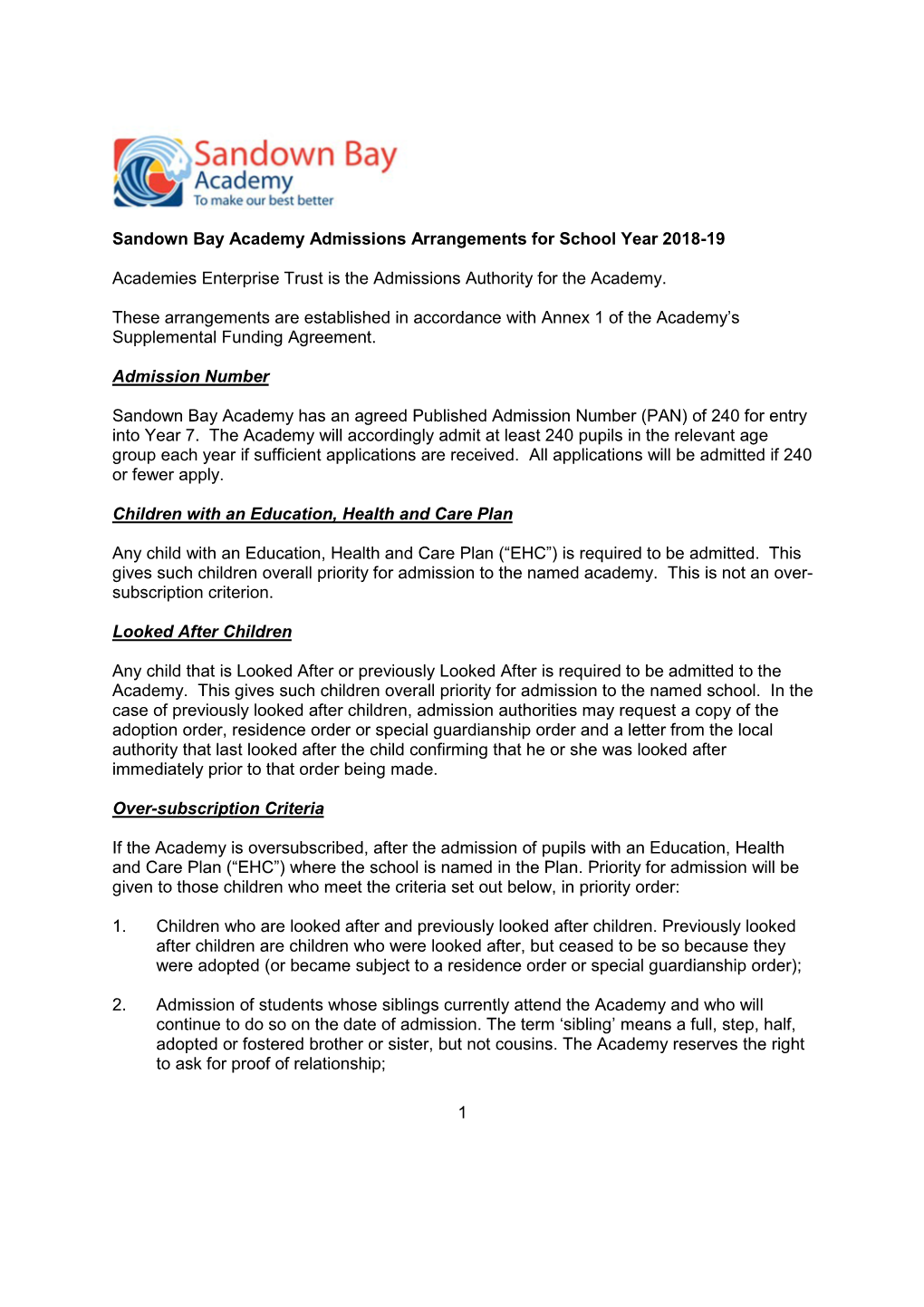 Sandown Bay Academy Admissions Arrangements for School Year 2018-19