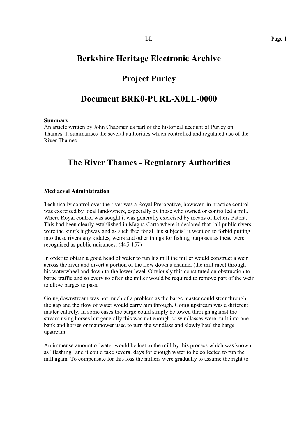 Berkshire Heritage Electronic Archive Project Purley Document BRK0-PURL-X0LL-0000 the River Thames
