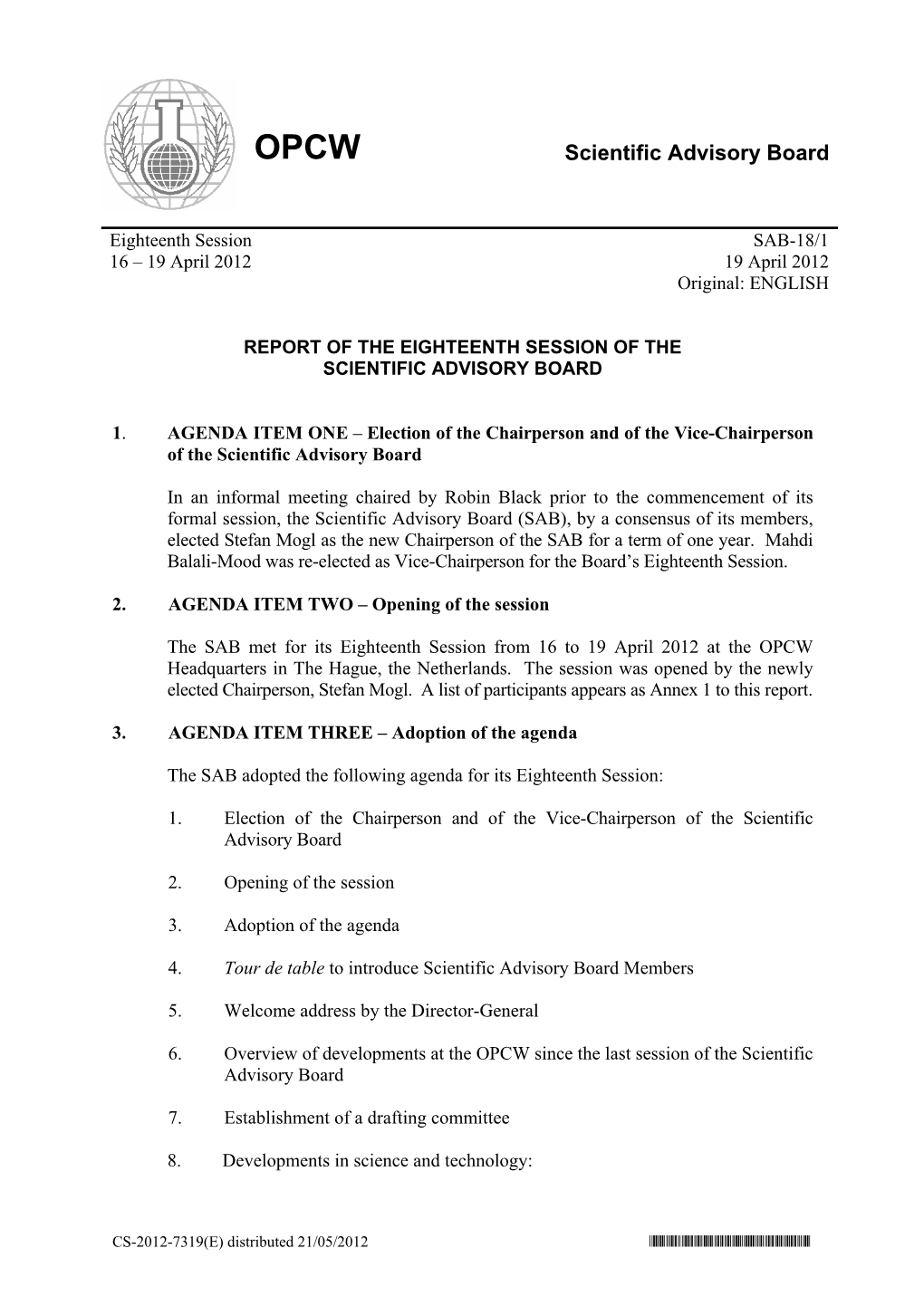 18/1 16 – 19 April 2012 19 April 2012 Original: ENGLISH