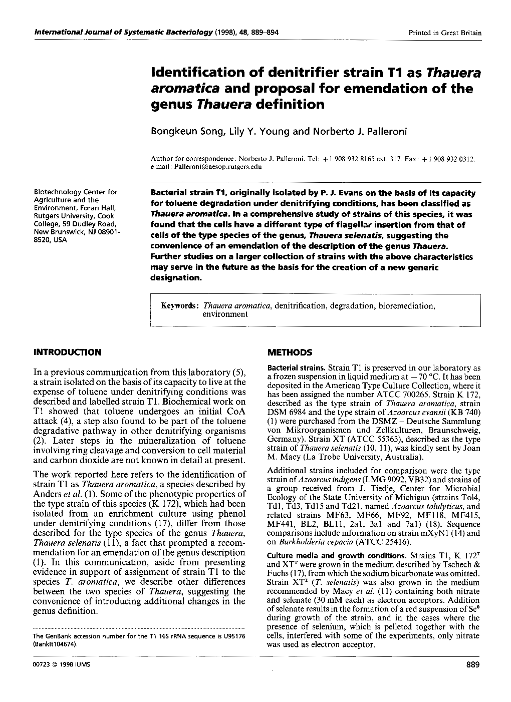 Identification of Denitrif Ier Strain T I As Thauera Arornatica and Proposal