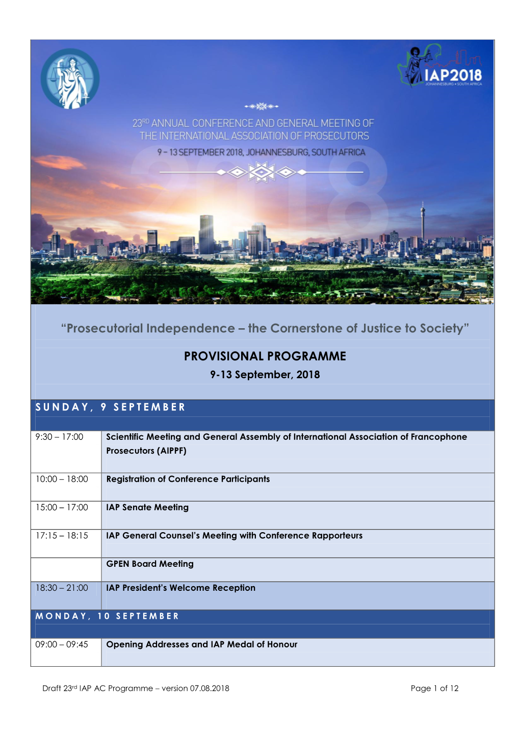 PROVISIONAL PROGRAMME 9-13 September, 2018