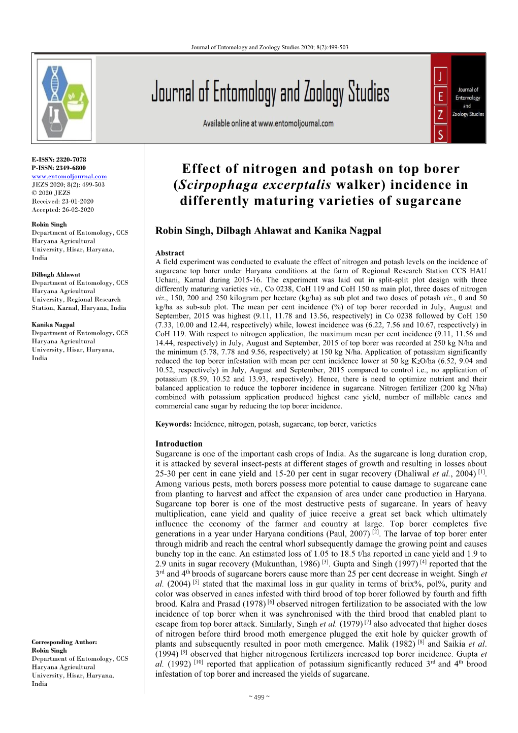 Effect of Nitrogen and Potash on Top Borer