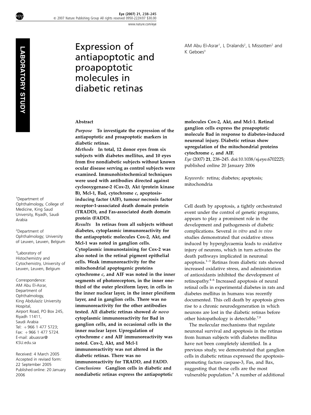 Expression of Antiapoptotic and Proapoptotic Molecules in Diabetic