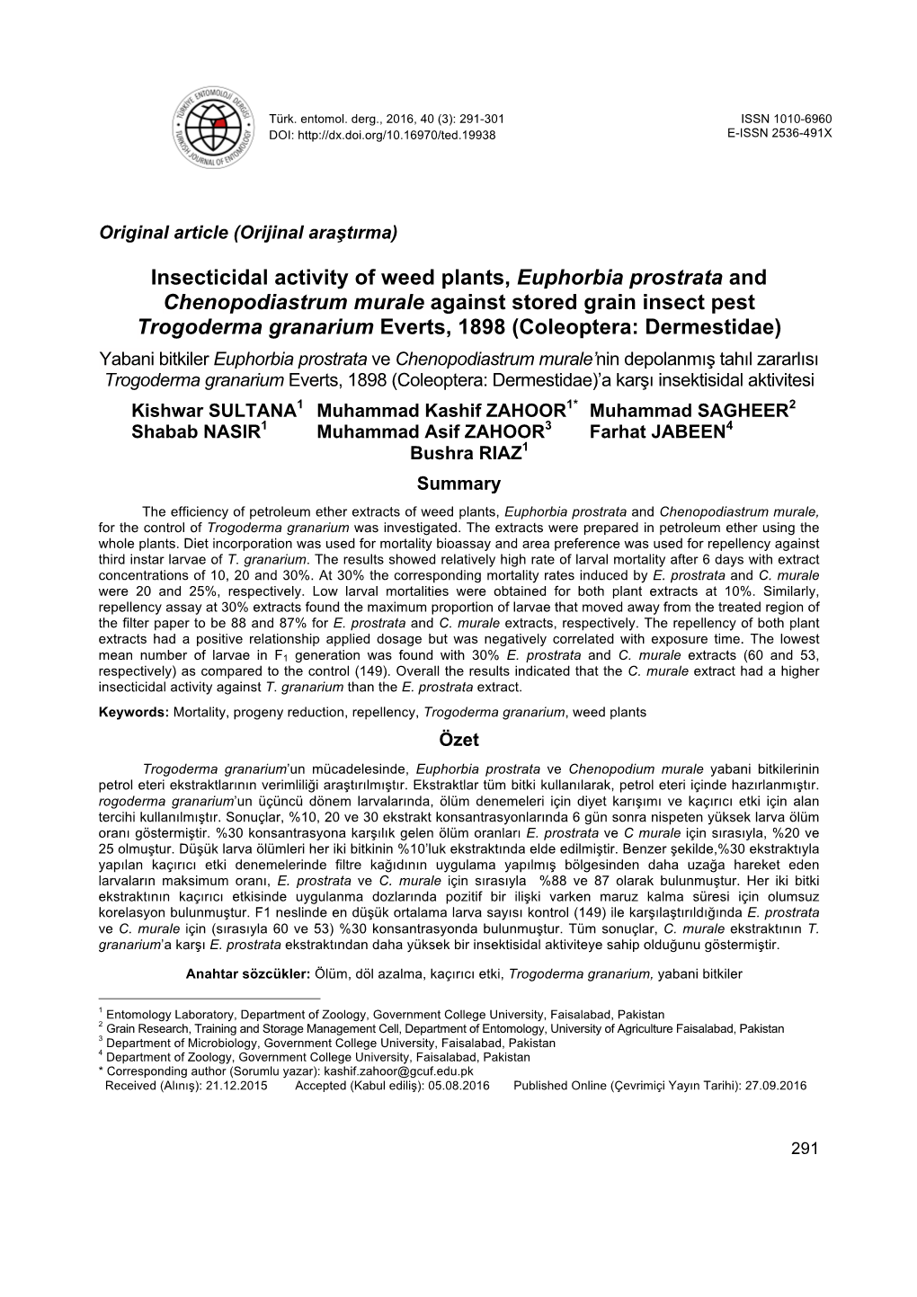 Insecticidal Activity of Weed Plants, Euphorbia Prostrata And