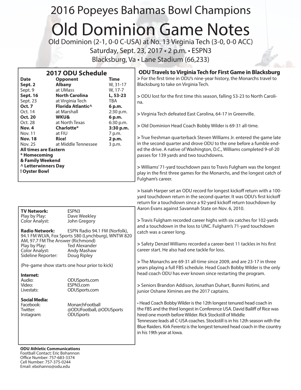 Old Dominion Game Notes Old Dominion (2-1, 0-0 C-USA) at No