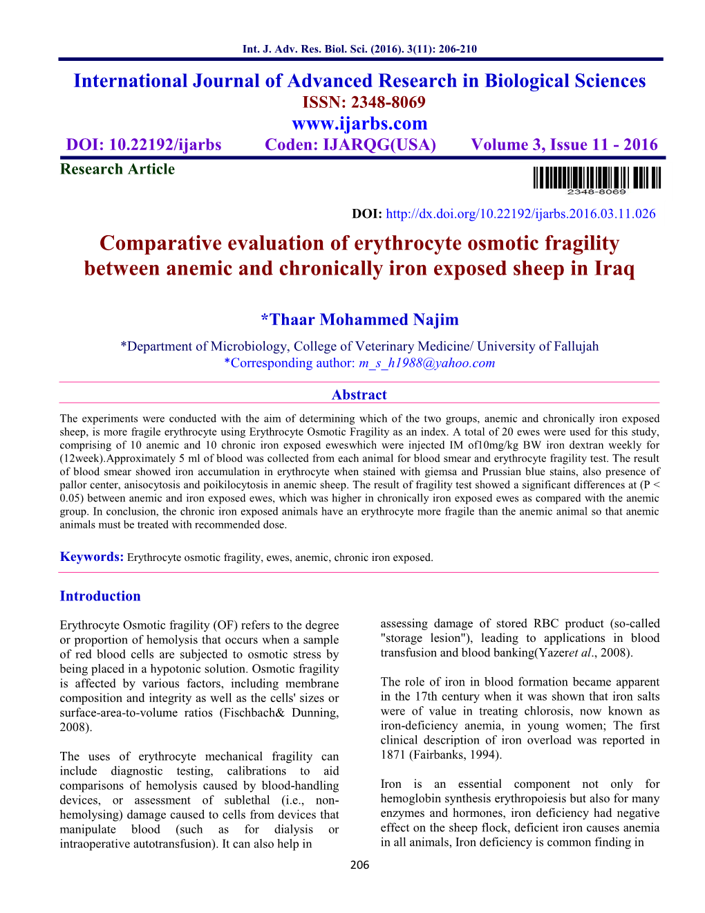 Comparative Evaluation of Erythrocyte Osmotic Fragility Between Anemic and Chronically Iron Exposed Sheep in Iraq