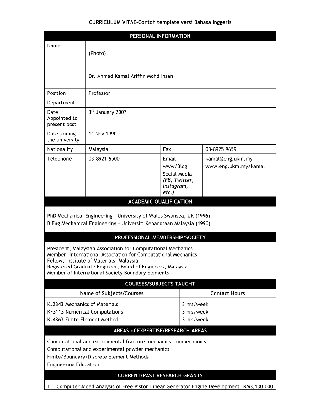 CURRICULUM VITAE-Contoh Template Versi Bahasa Inggeris