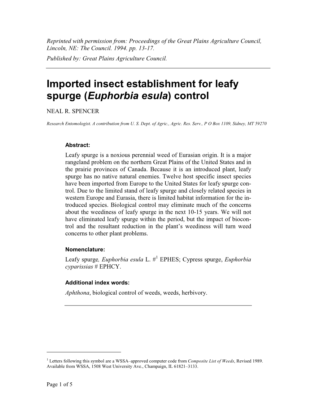Imported Insect Establishment for Leafy Spurge (Euphorbia Esula) Control
