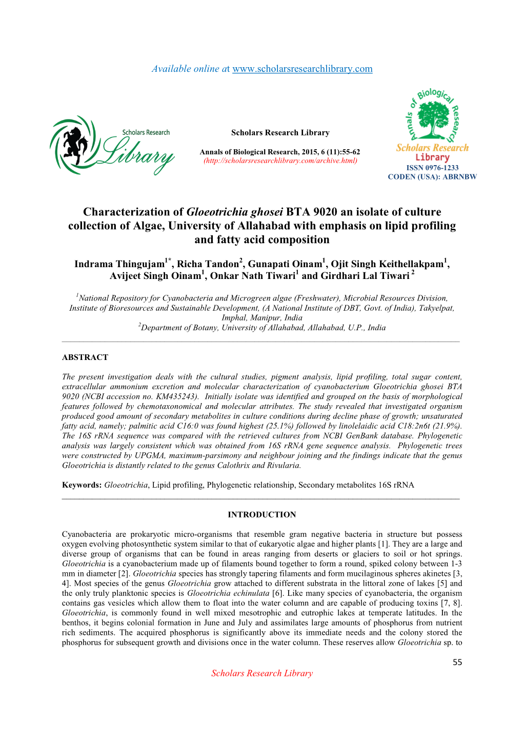 Characterization of Gloeotrichia Ghosei BTA 9020 an Isolate Of