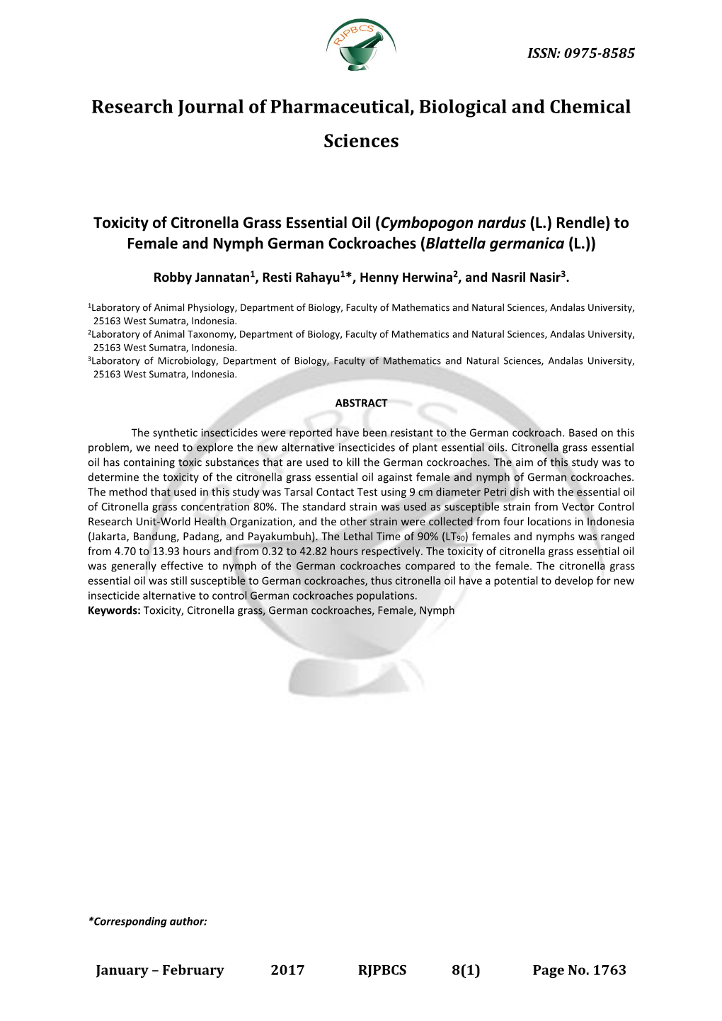 Toxicity of Citronella Grass Essential Oil (Cymbopogon Nardus (L.) Rendle) to Female and Nymph German Cockroaches (Blattella Germanica (L.))