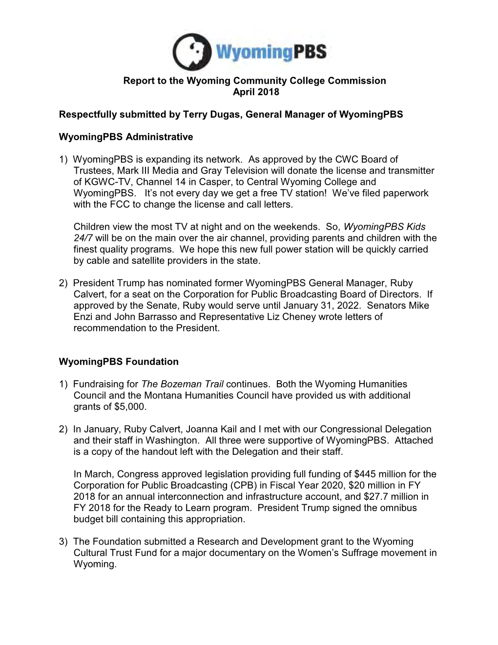 Report to the Wyoming Community College Commission April 2018