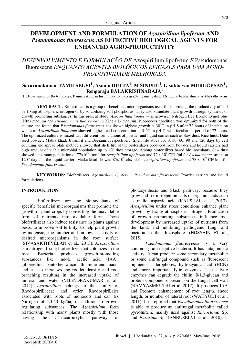 DEVELOPMENT and FORMULATION of Azospirillum Lipoferum and Pseudomonas Fluorescens AS EFFECTIVE BIOLOGICAL AGENTS for ENHANCED AGRO-PRODUCTIVITY