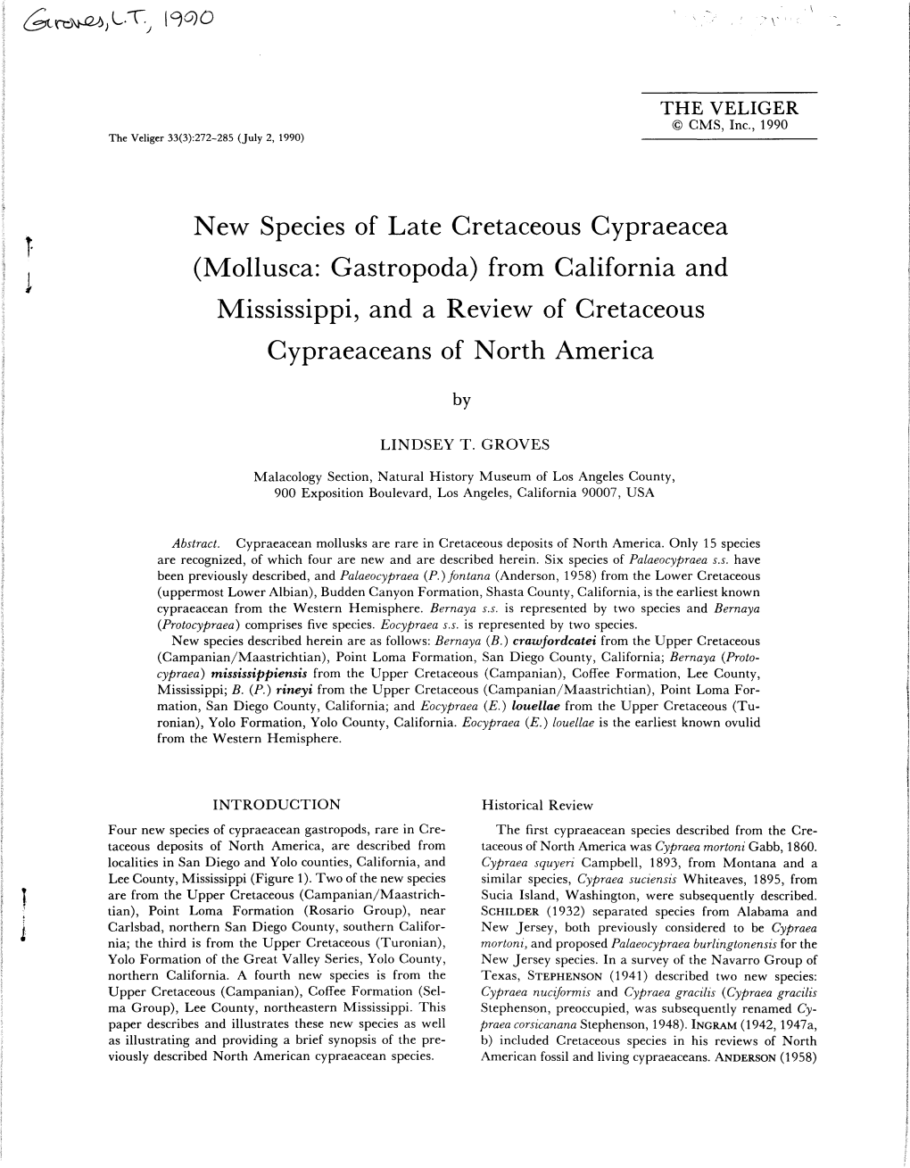 Mollusca: Gastropoda) from California and Mississippi, and a Review of Cretaceous Gypraeaceans of North America