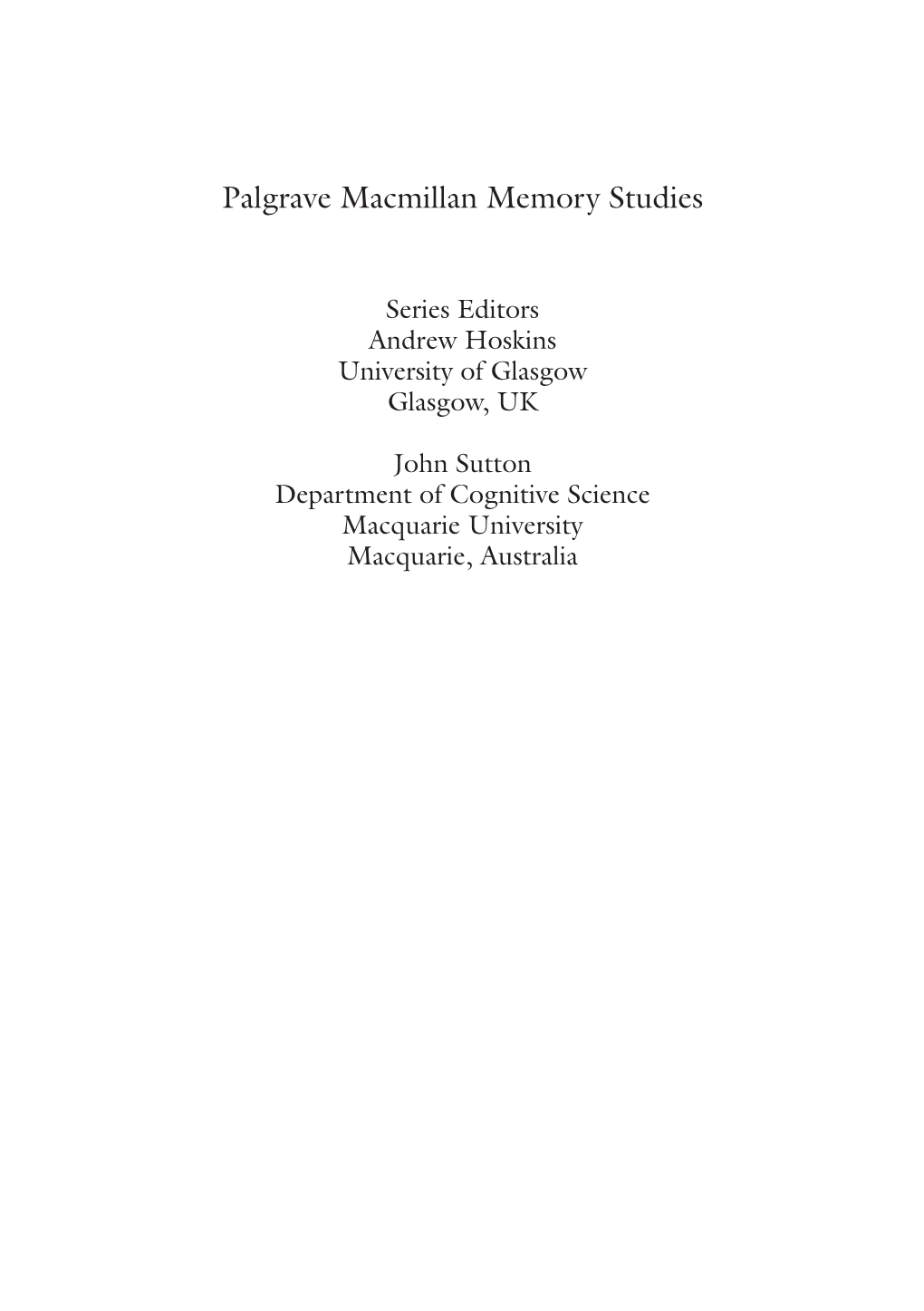 Palgrave Macmillan Memory Studies