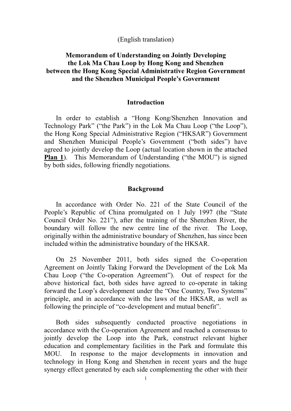 Memorandum of Understanding on Jointly Developing the Lok Ma