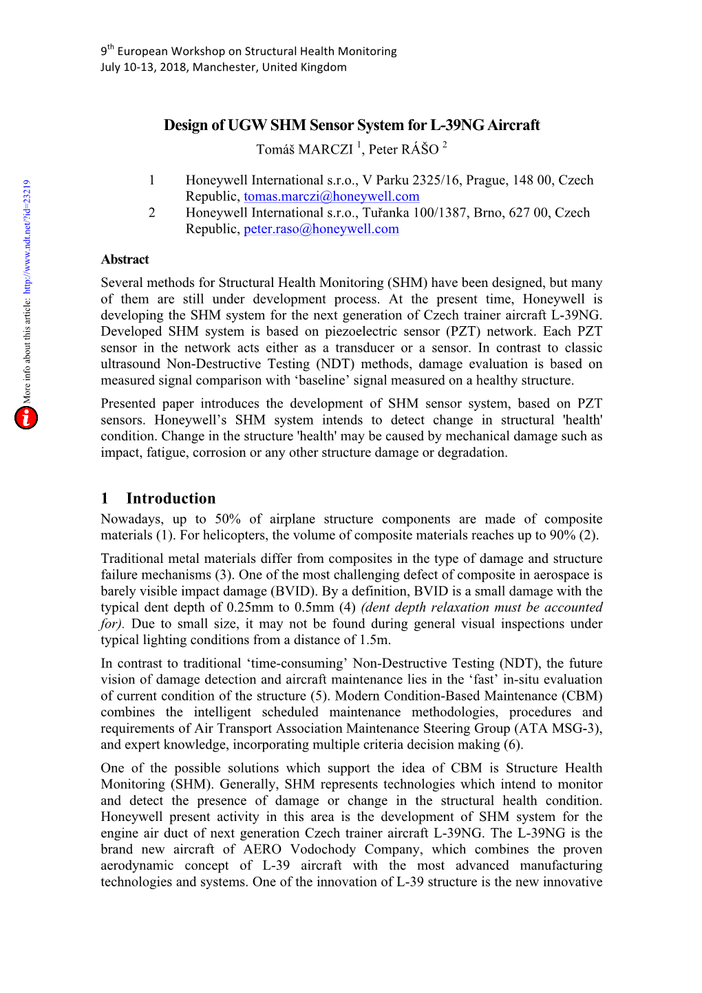 Design of UGW SHM Sensor System for L-39NG Aircraft Tomáš MARCZI 1, Peter RÁŠO 2