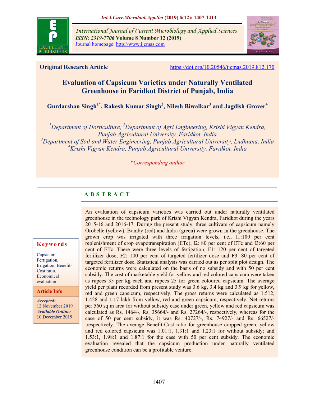 Evaluation of Capsicum Varieties Under Naturally Ventilated Greenhouse in Faridkot District of Punjab, India