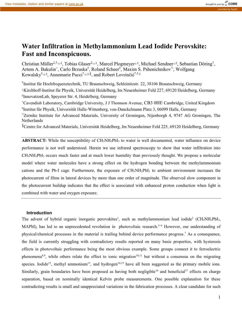 Water Infiltration in Methylammonium Lead Iodide Perovskite: Fast and Inconspicuous