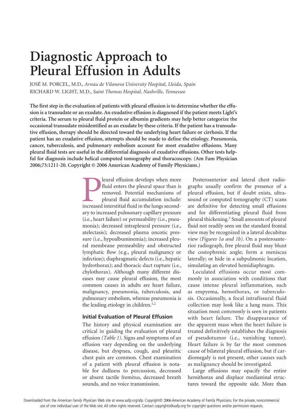 Diagnostic Approach to Pleural Effusion in Adults JOSÉ M